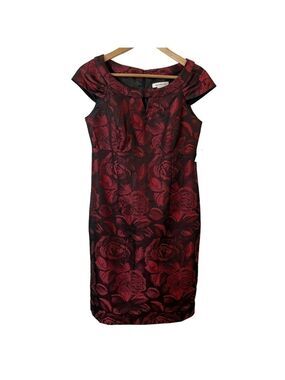 Liz Claiborne Floral Formal Dress Sz 6 Red Black Roses Scoop Neck Cap Sleeve NWT